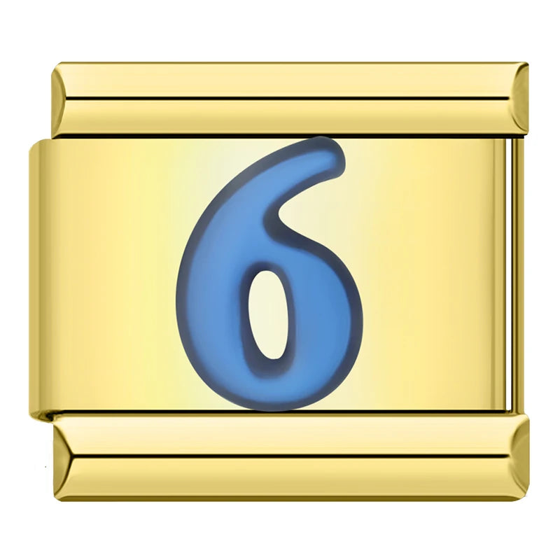 Charm Italiano Plano - Números Azules en Base Dorada (Dígitos 0-9)