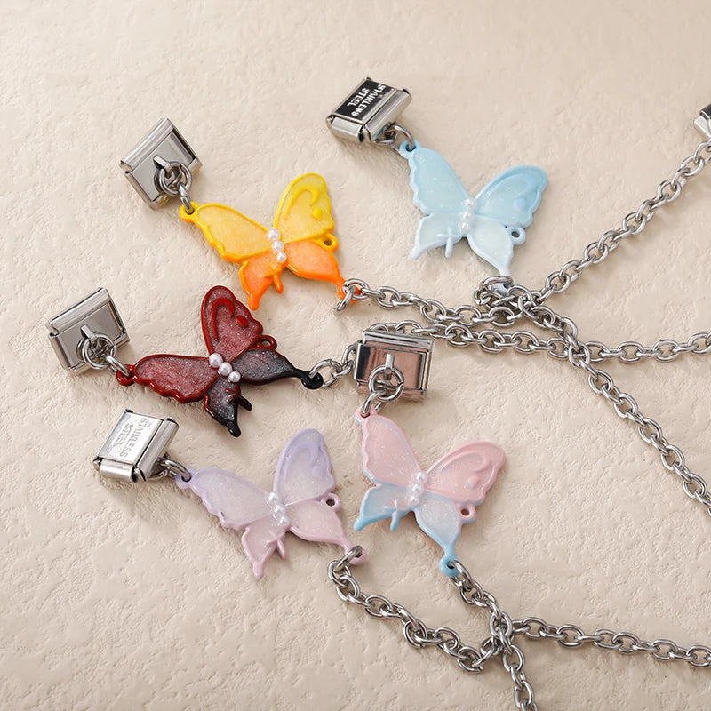 Charm Italiano Doble - Cadena Mariposa con Perlas (Estilo Pastel)