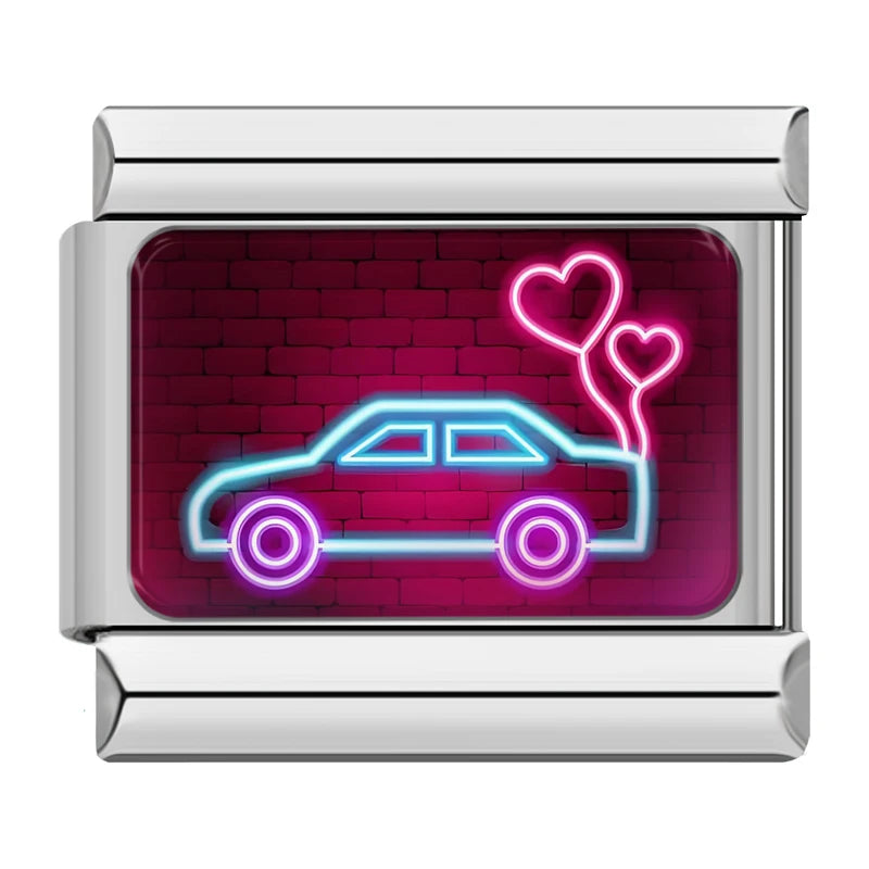 Charm Italiano Link - Colección "Neon Vibes": Luces LED, Amor y Fiesta (Acero Plata)