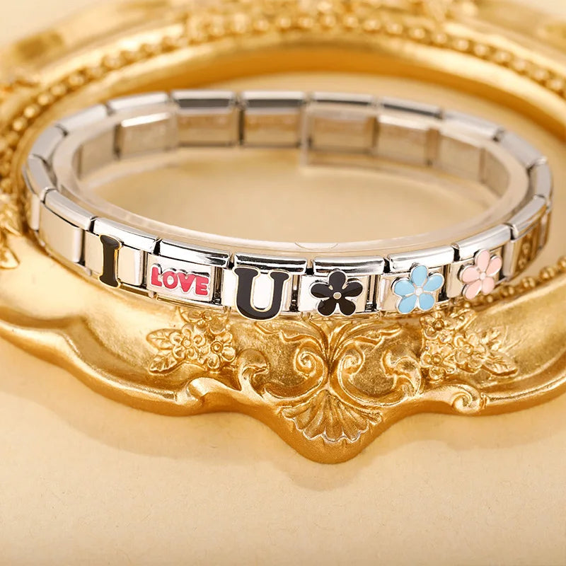 Charm Italiano Plano - Colección Amor Simple (Flores, Corazones y "I Love U")