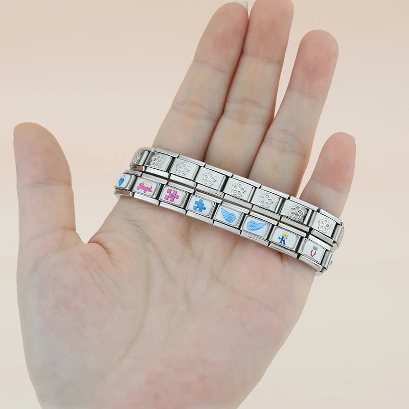 Charm Italiano Link - Colección "Parejas y Conexión": Puzzle, Llave y Coronas (Acero Esmaltado)