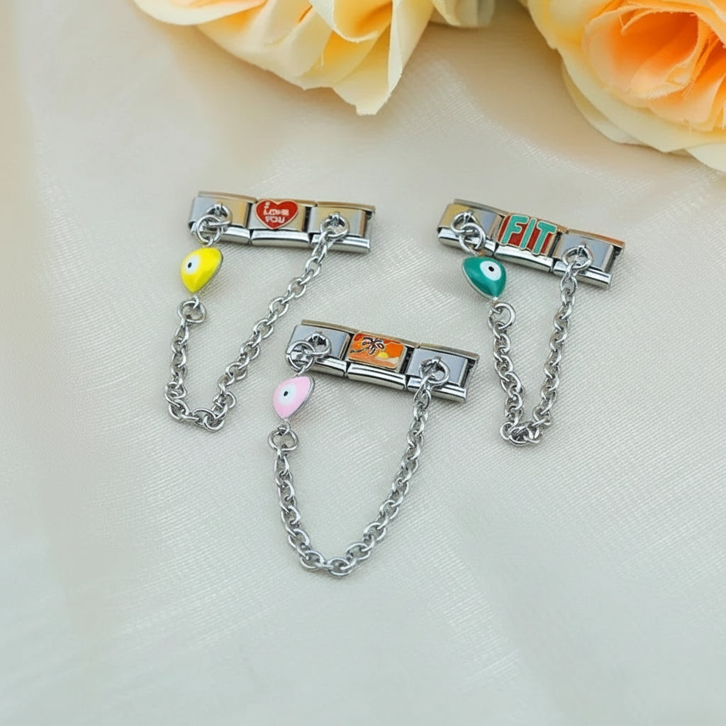 Charm Italiano Doble - Cadena con Ojo Protector (Corazón y Luna Pop)