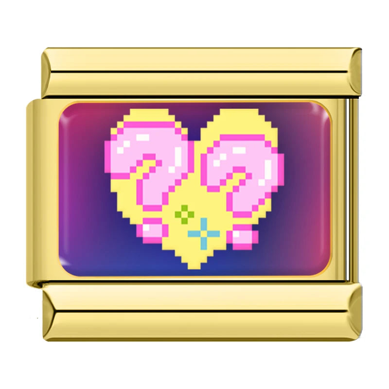 Charm Italiano Link - Colección "Pixel Art" Retro 8-Bit y Gamer (Acero Dorado)