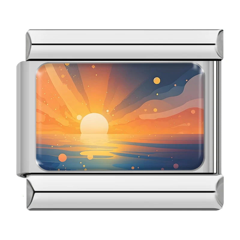 Charm Italiano Link - Colección "Cielos de Ensueño": Atardecer, Nubes y Galaxia (Acero Plata)