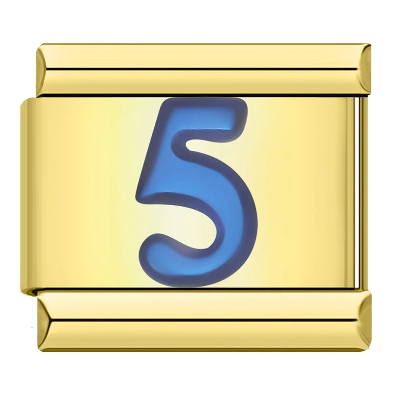 Charm Italiano Plano - Números Azules en Base Dorada (Dígitos 0-9)