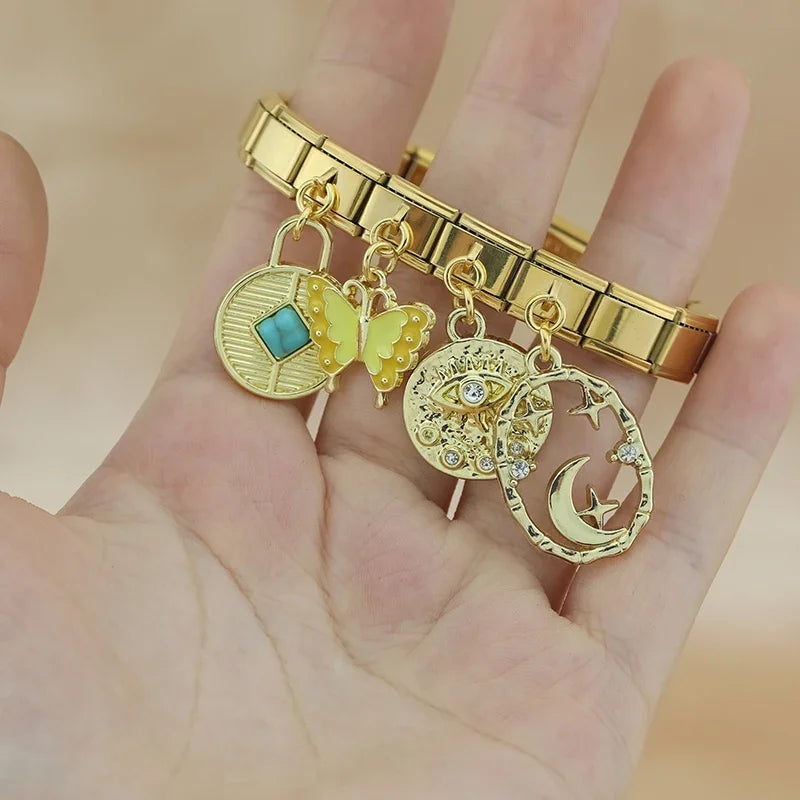 Charm Italiano Colgante - Colección Mística Dorada (Ojo Turco, Sol y Luna)