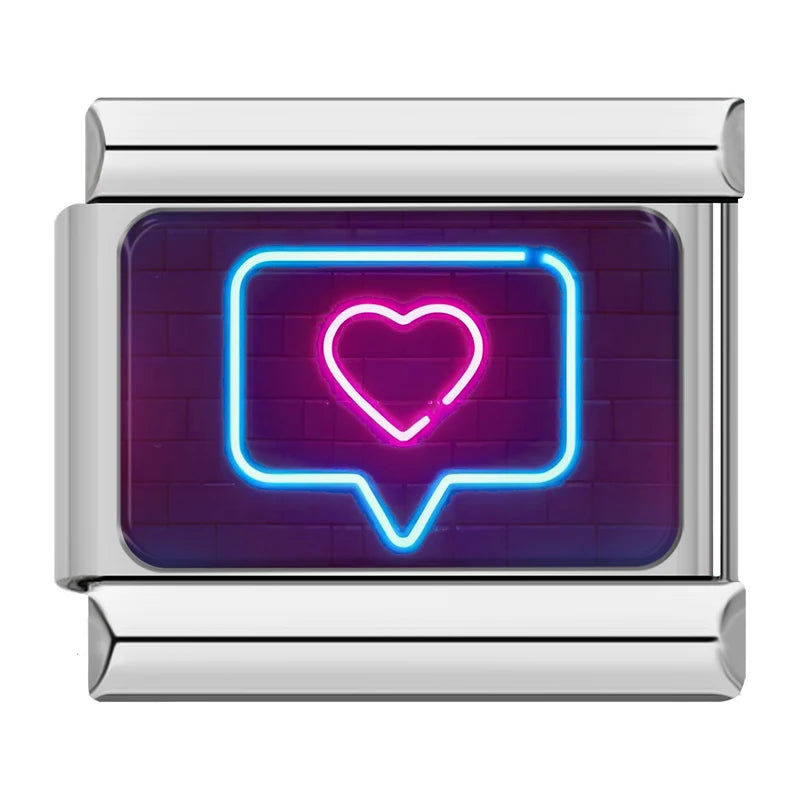 Charm Italiano Link - Colección "Neon Vibes": Luces LED, Amor y Fiesta (Acero Plata)