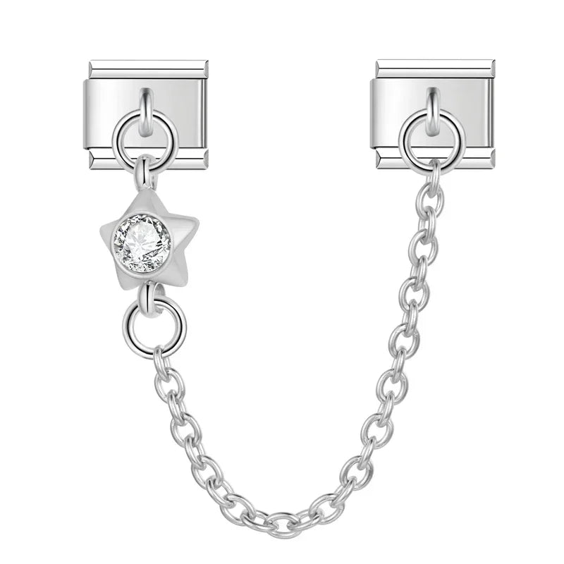 Charm Italiano Doble - Cadena de Seguridad con Mini-Colgante (Plata y Zirconias)