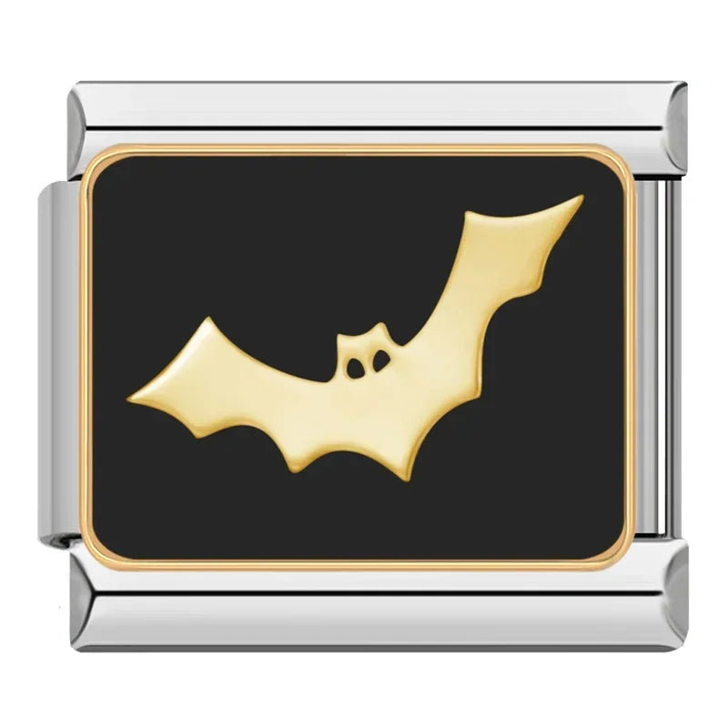 Charm Italiano Plano - Colección Halloween Gótico (Cráneos, Murciélagos y Luna)