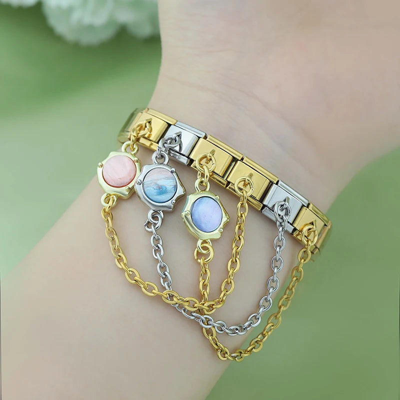 Charm Italiano Doble - Cadena con Piedra Ópalo (Efecto Iridiscente)