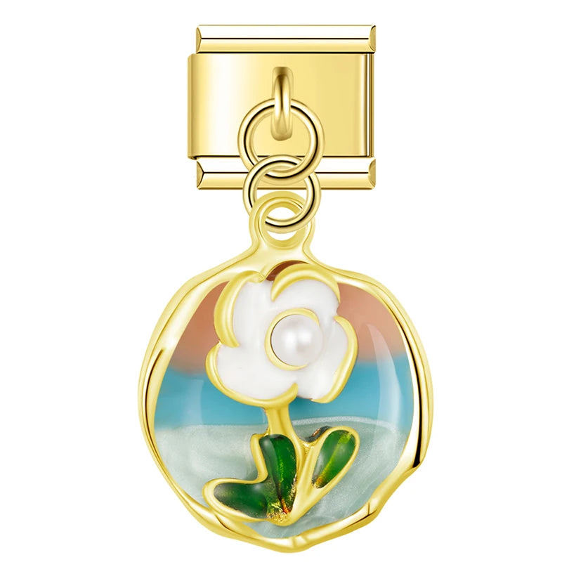 Charm Italiano Colgante - Medallón Floral (Arte Miniatura en Oro)