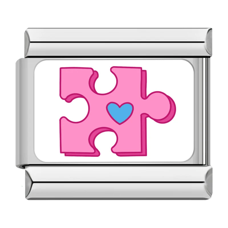 Charm Italiano Link - Colección "Parejas y Conexión": Puzzle, Llave y Coronas (Acero Esmaltado)