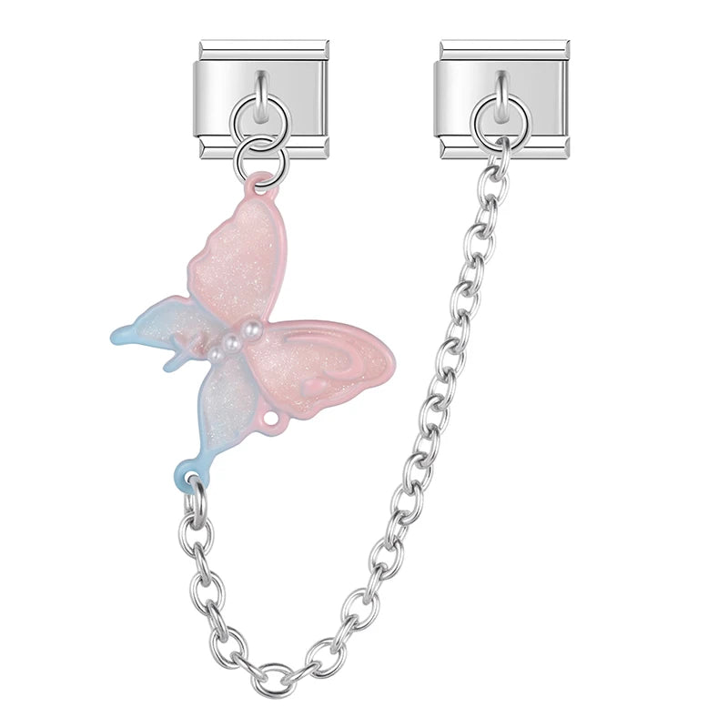 Charm Italiano Doble - Cadena Mariposa con Perlas (Estilo Pastel)