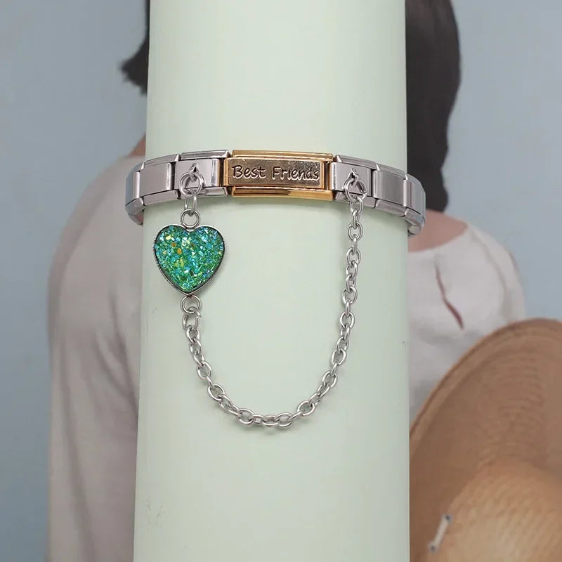 Charm Italiano Doble - Corazón Texturizado con Cadena (Efecto Escarcha)