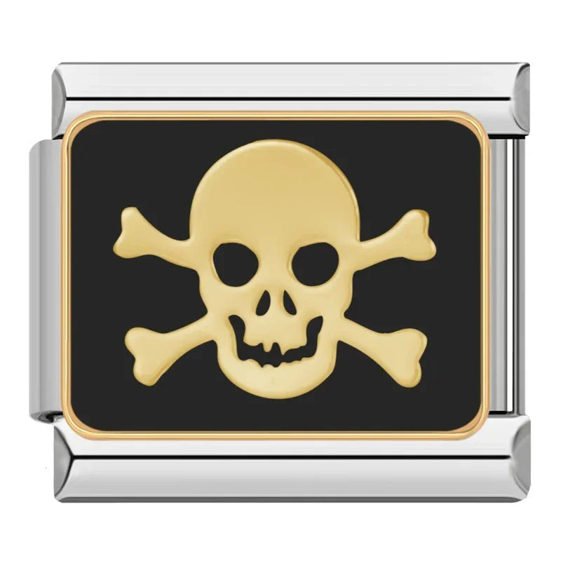 Charm Italiano Plano - Colección Halloween Gótico (Cráneos, Murciélagos y Luna)