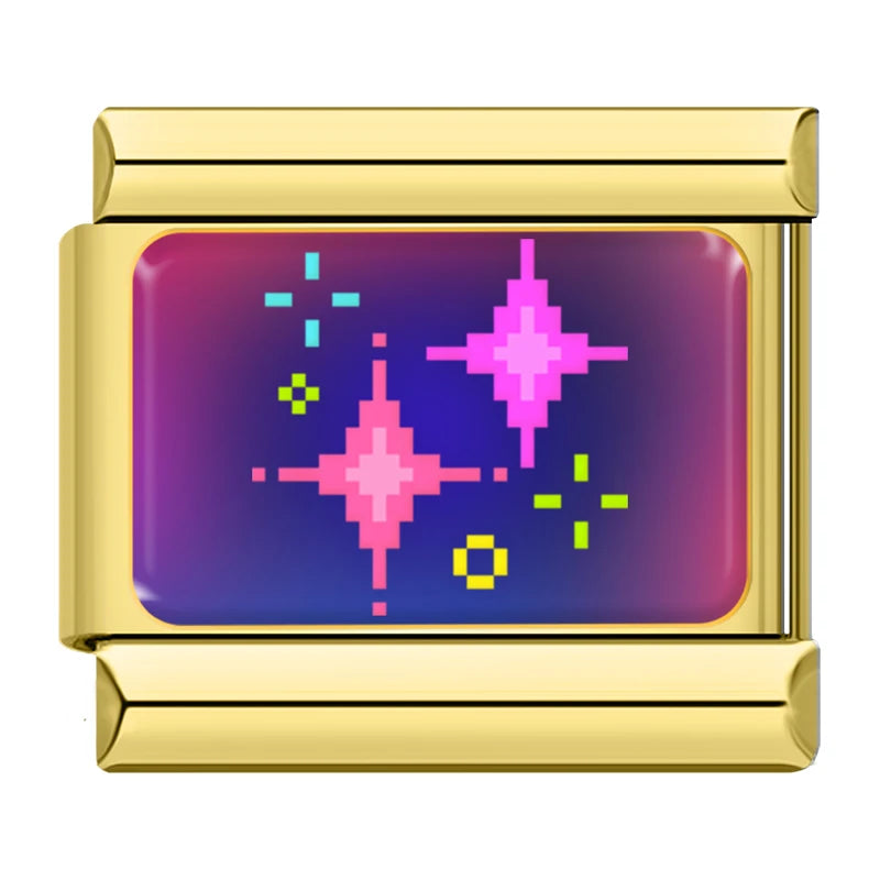 Charm Italiano Link - Colección "Pixel Art" Retro 8-Bit y Gamer (Acero Dorado)