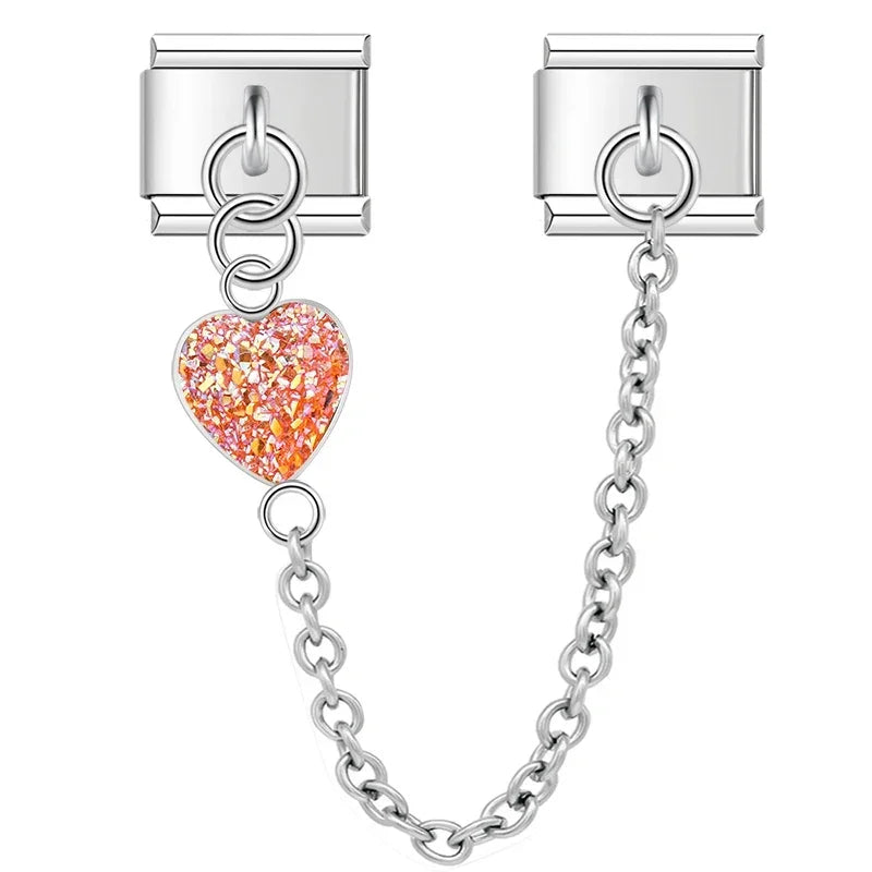 Charm Italiano Doble - Corazón Texturizado con Cadena (Efecto Escarcha)