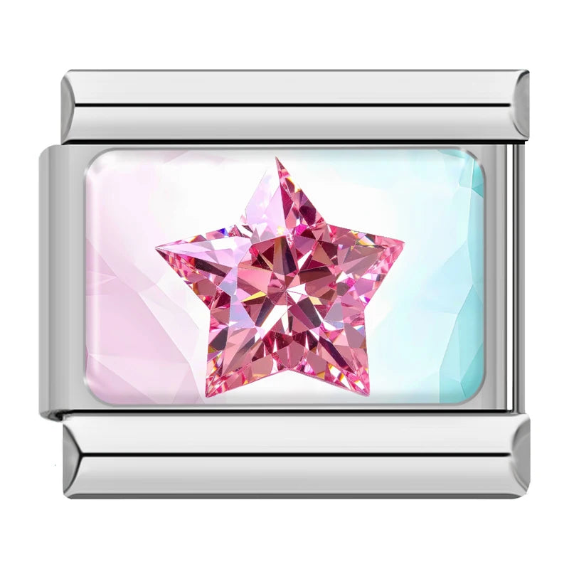 Charm Italiano Link - Colección "Gemas y Destellos": Corazones, Coronas y Cristales (Acero Plata)