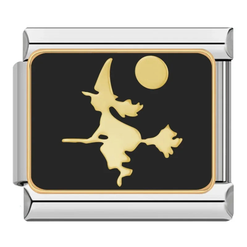 Charm Italiano Plano - Colección Halloween Gótico (Cráneos, Murciélagos y Luna)