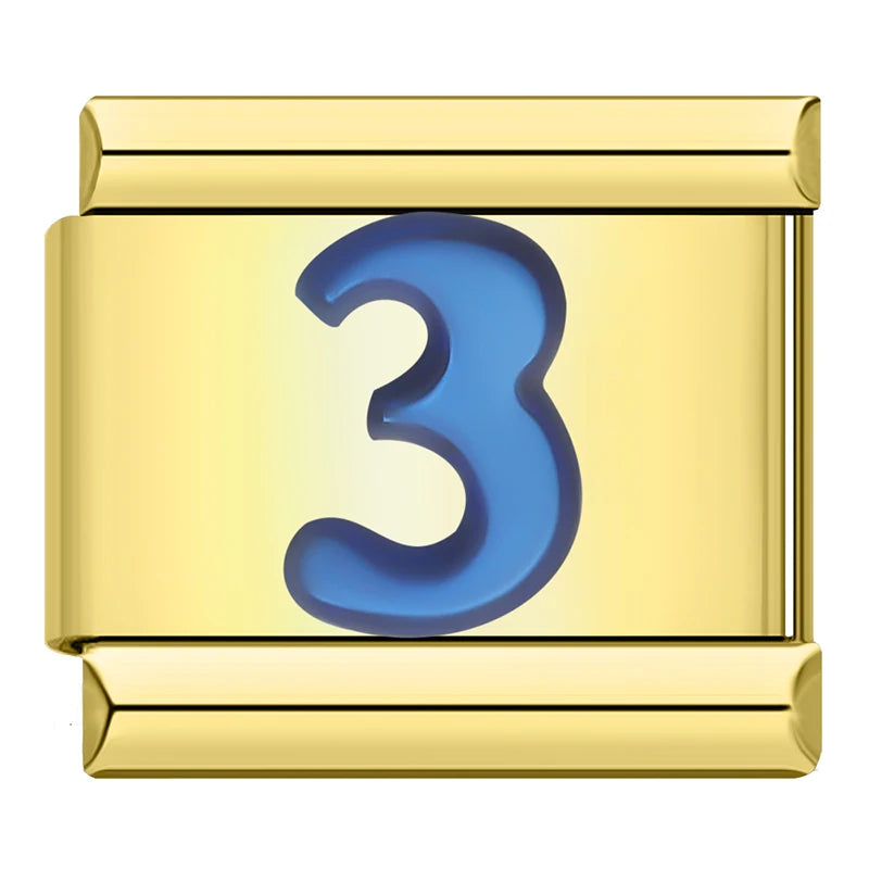 Charm Italiano Plano - Números Azules en Base Dorada (Dígitos 0-9)