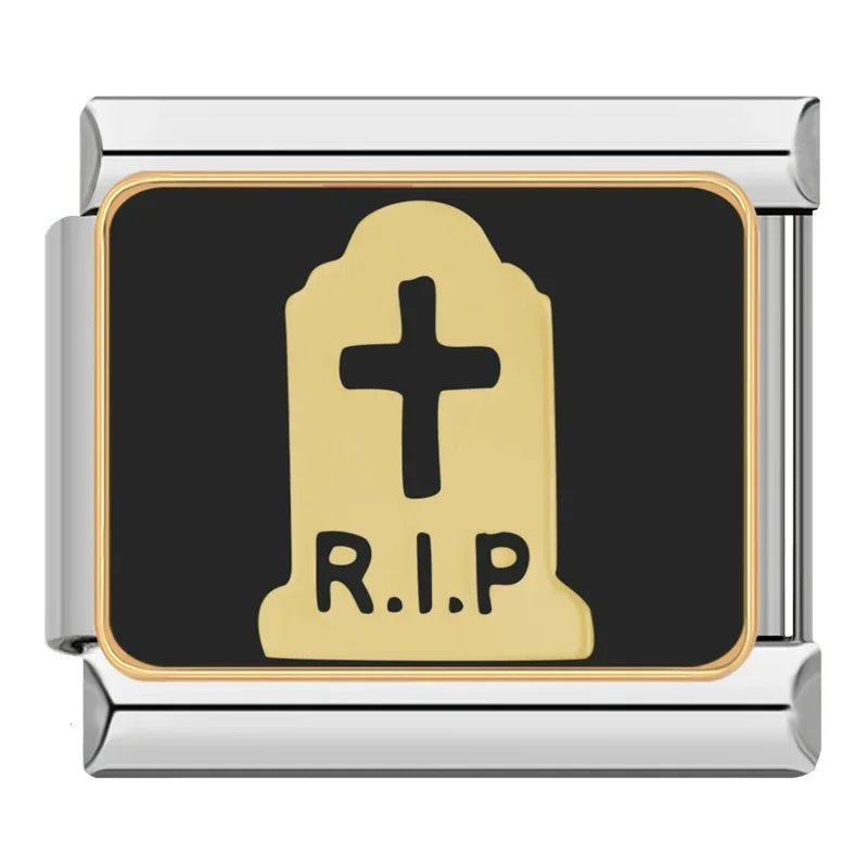 Charm Italiano Plano - Colección Halloween Gótico (Cráneos, Murciélagos y Luna)