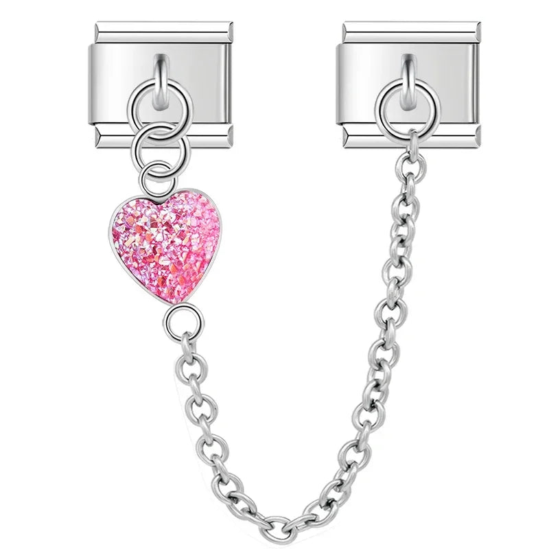 Charm Italiano Doble - Corazón Texturizado con Cadena (Efecto Escarcha)