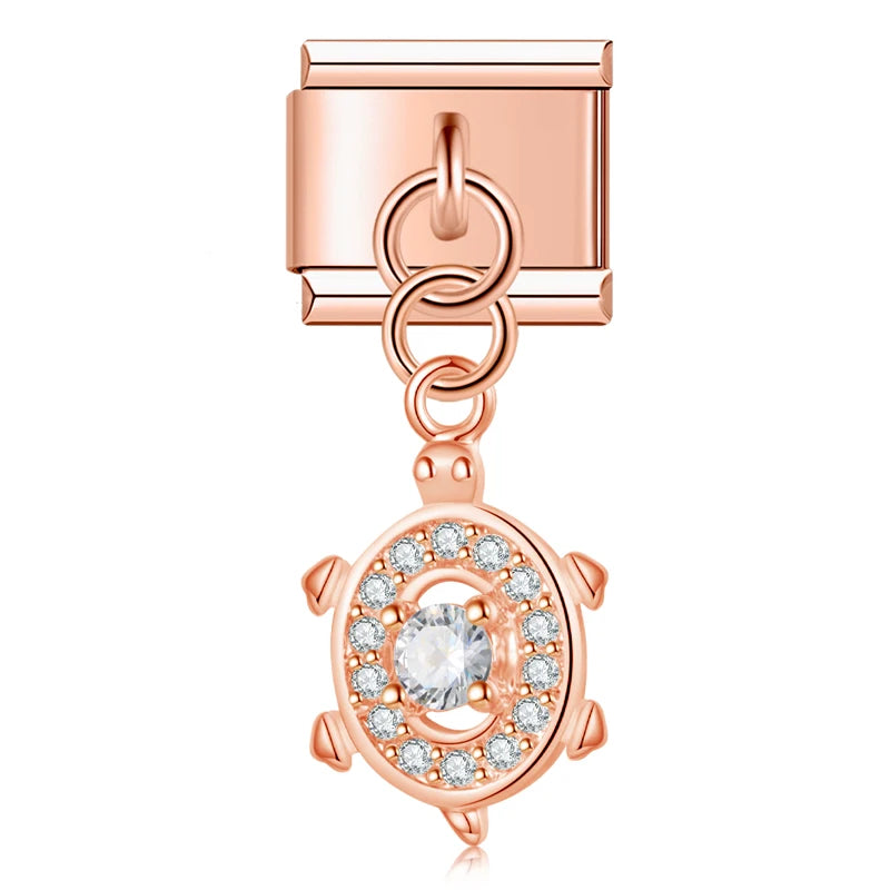Charm Italiano Colgante - Mariposa y Tortuga con Zirconias (Oro, Plata y Rosa)