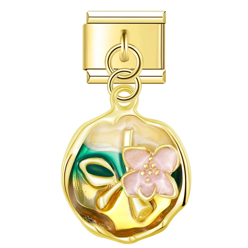 Charm Italiano Colgante - Medallón Floral (Arte Miniatura en Oro)