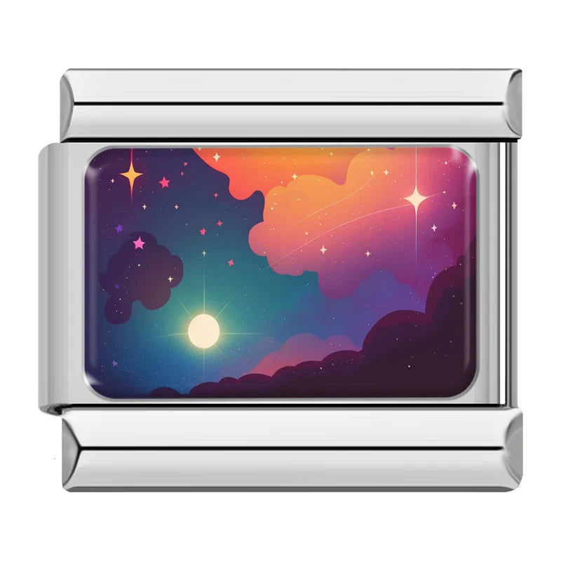 Charm Italiano Link - Colección "Cielos de Ensueño": Atardecer, Nubes y Galaxia (Acero Plata)