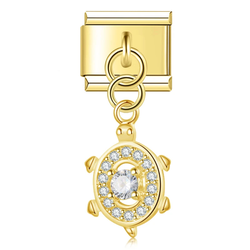 Charm Italiano Colgante - Mariposa y Tortuga con Zirconias (Oro, Plata y Rosa)