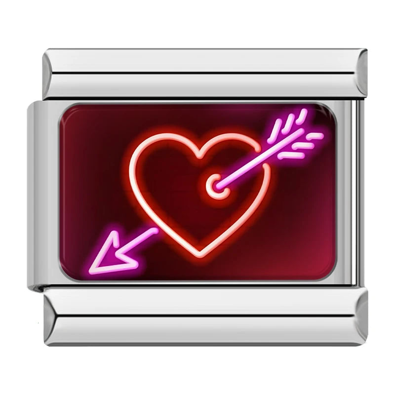 Charm Italiano Link - Colección "Neon Vibes": Luces LED, Amor y Fiesta (Acero Plata)