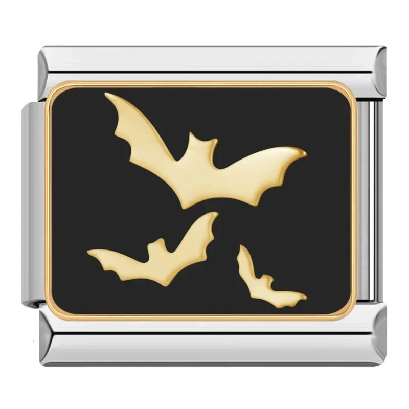 Charm Italiano Plano - Colección Halloween Gótico (Cráneos, Murciélagos y Luna)