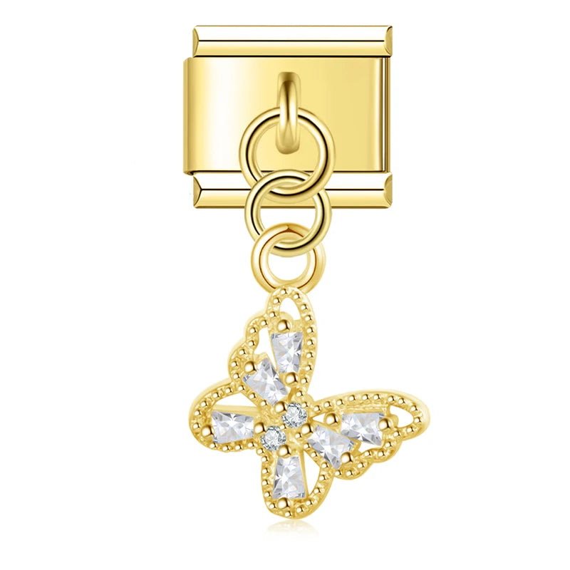 Charm Italiano Colgante - Mariposa y Tortuga con Zirconias (Oro, Plata y Rosa)