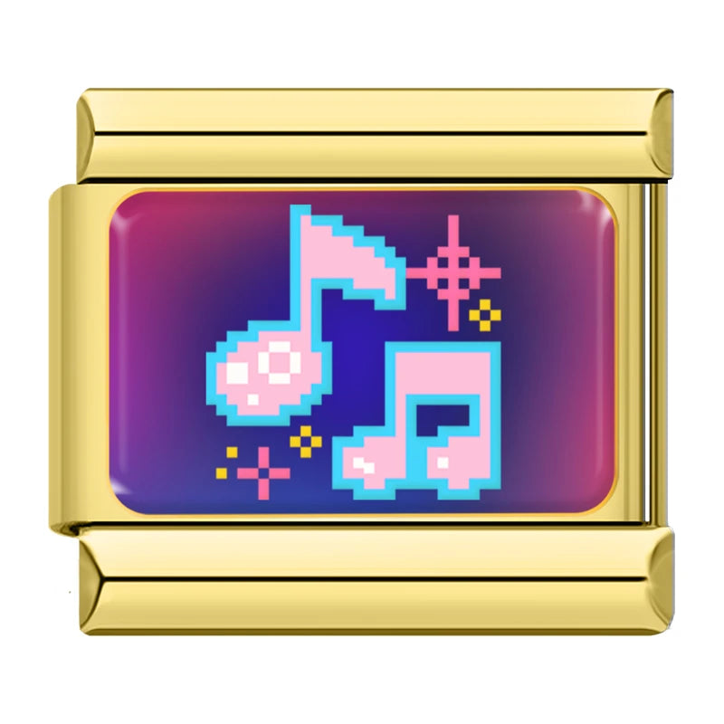 Charm Italiano Link - Colección "Pixel Art" Retro 8-Bit y Gamer (Acero Dorado)