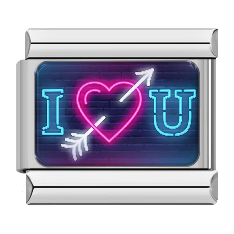 Charm Italiano Link - Colección "Neon Vibes": Luces LED, Amor y Fiesta (Acero Plata)