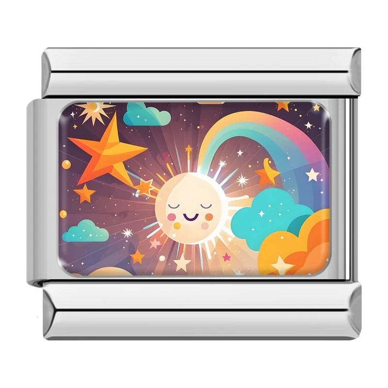 Charm Italiano Link - Colección "Cielos de Ensueño": Atardecer, Nubes y Galaxia (Acero Plata)