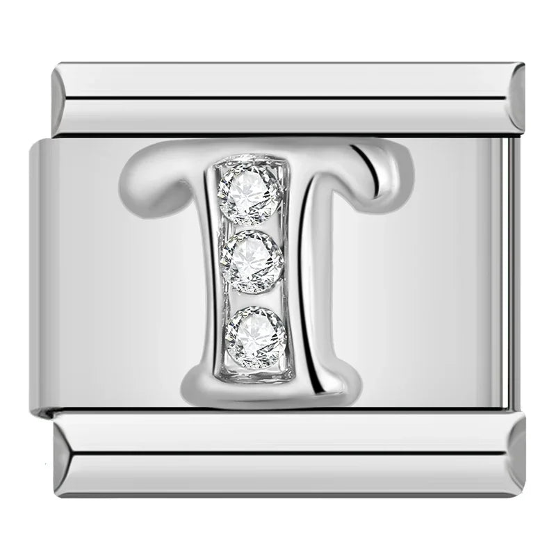 Charm Italiano Plano - Iniciales de Plata con Brillantes (Letras A-Z)