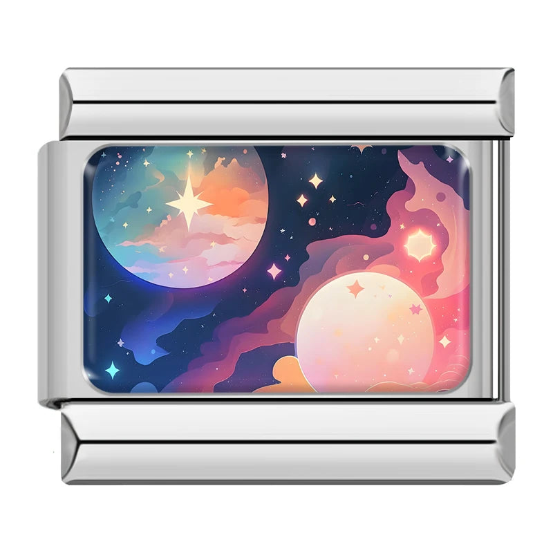Charm Italiano Link - Colección "Cielos de Ensueño": Atardecer, Nubes y Galaxia (Acero Plata)