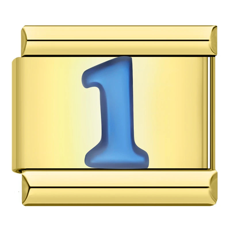 Charm Italiano Plano - Números Azules en Base Dorada (Dígitos 0-9)