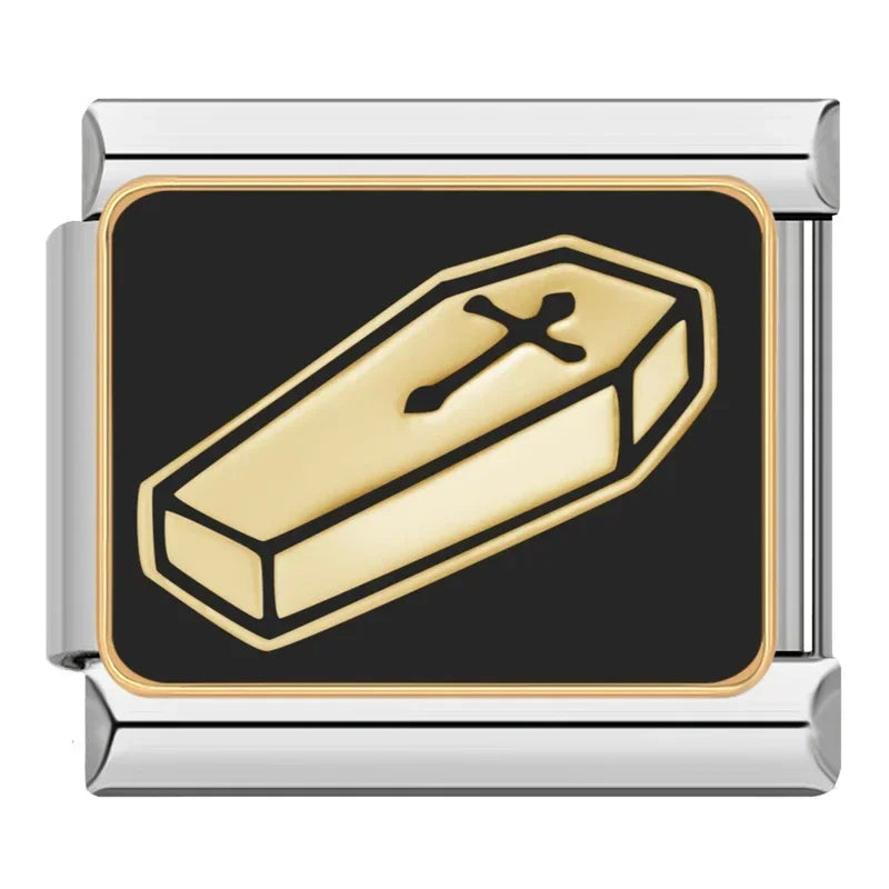 Charm Italiano Plano - Colección Halloween Gótico (Cráneos, Murciélagos y Luna)