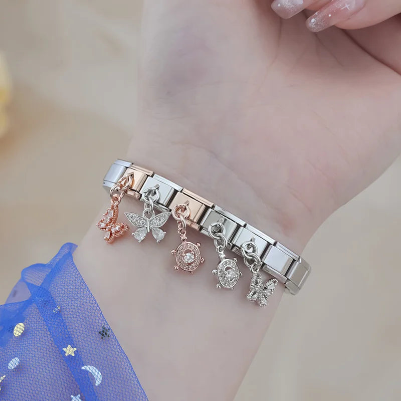 Charm Italiano Colgante - Mariposa y Tortuga con Zirconias (Oro, Plata y Rosa)