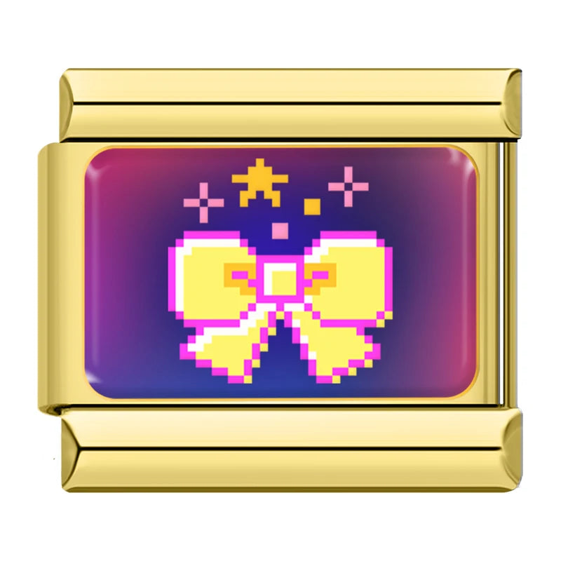 Charm Italiano Link - Colección "Pixel Art" Retro 8-Bit y Gamer (Acero Dorado)