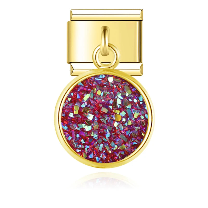 Charm Italiano Colgante - Disco Glitter Cósmico (Efecto Drusa en Oro)