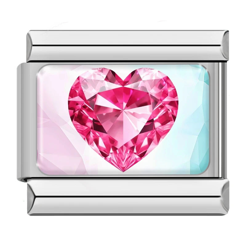 Charm Italiano Link - Colección "Gemas y Destellos": Corazones, Coronas y Cristales (Acero Plata)