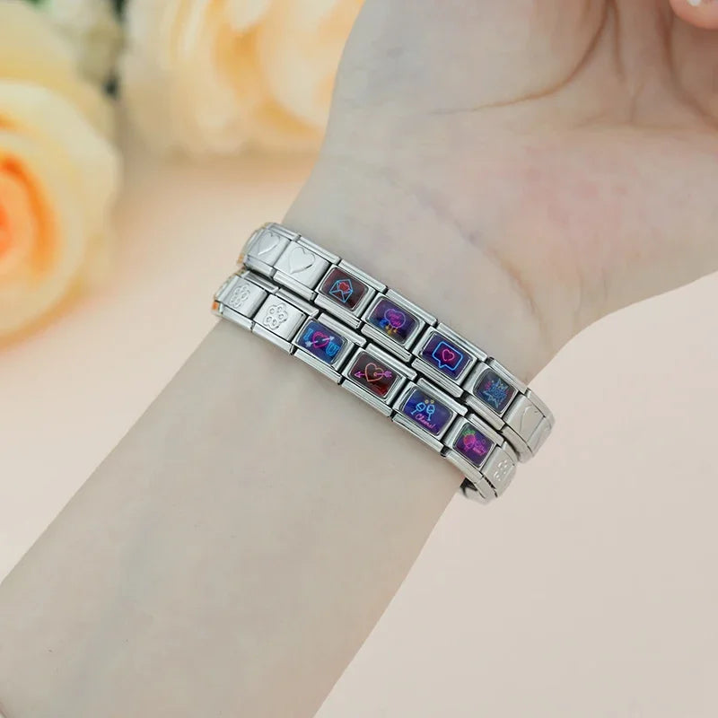 Charm Italiano Link - Colección "Neon Vibes": Luces LED, Amor y Fiesta (Acero Plata)