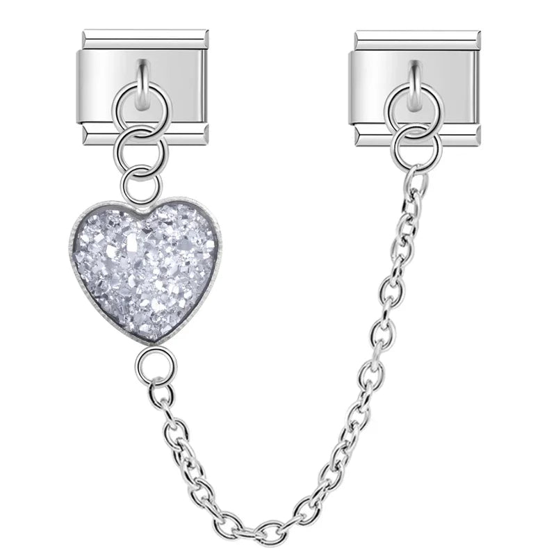 Charm Italiano Doble - Corazón Texturizado con Cadena (Efecto Escarcha)