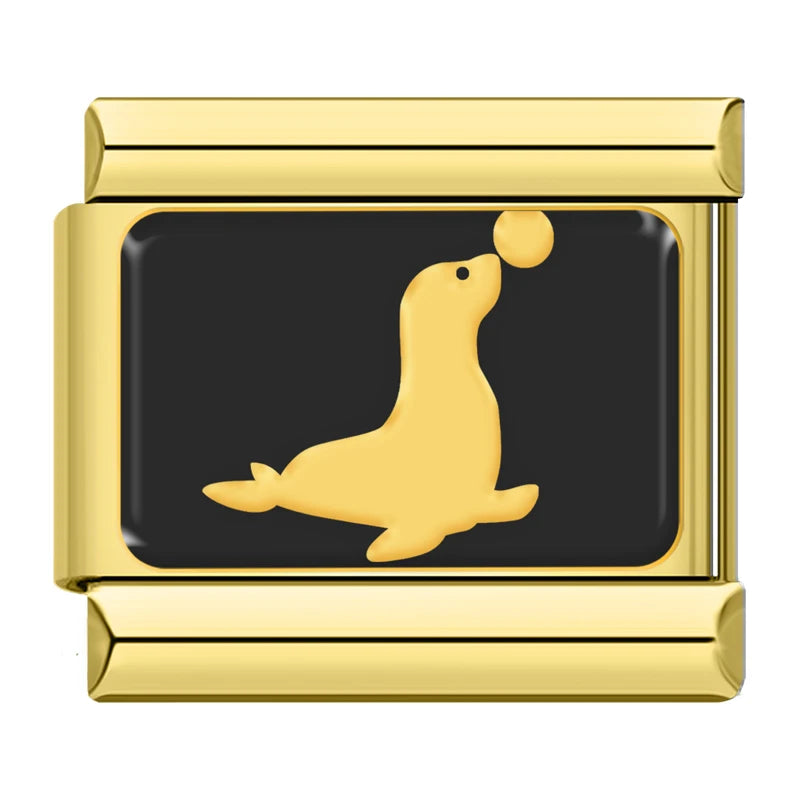 Charm Italiano Plano - Colección Siluetas Animales (Oro sobre Negro)