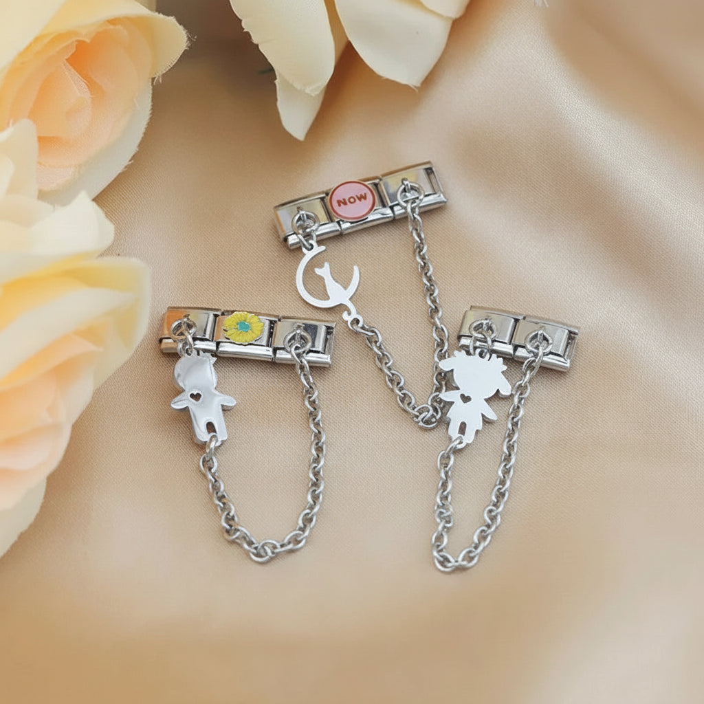 Charm Italiano Doble - Cadena con Silueta Colgante (Familia, Búho, Gato)