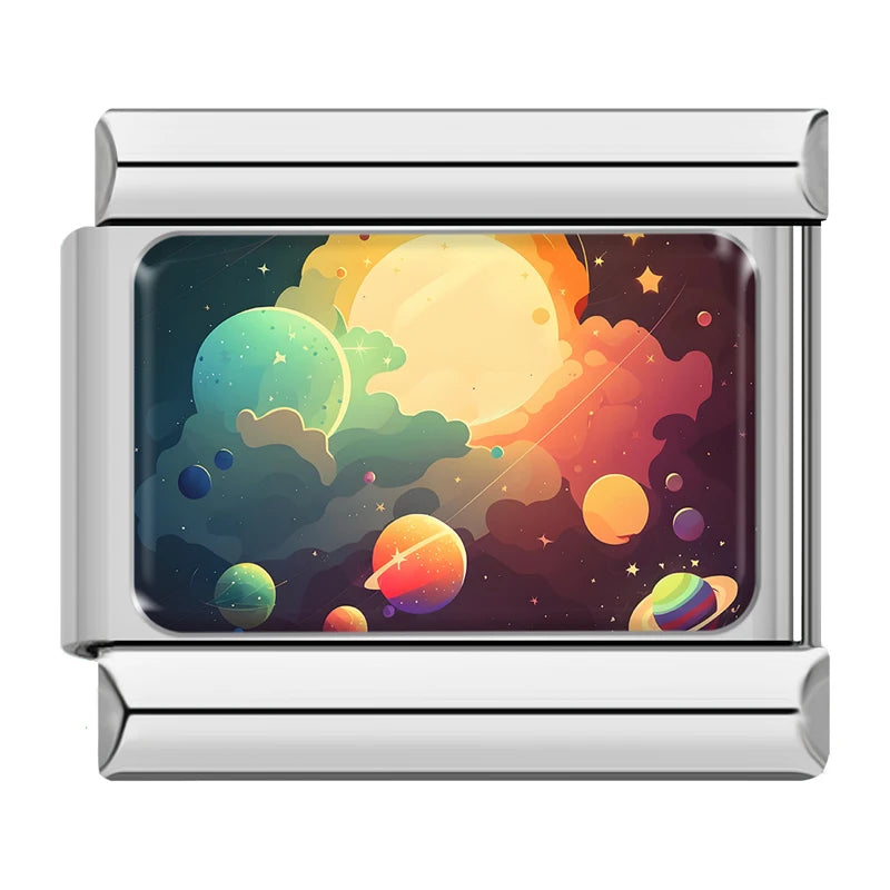 Charm Italiano Link - Colección "Cielos de Ensueño": Atardecer, Nubes y Galaxia (Acero Plata)
