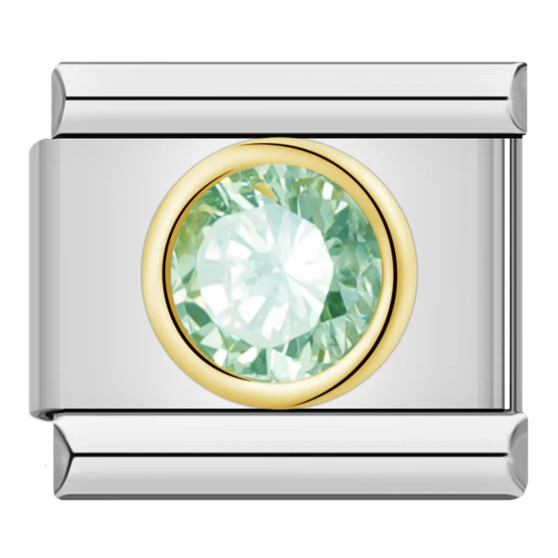 Charm Italiano Link - Colección "Punto de Luz": Circonitas Redondas con Borde Dorado (Acero)